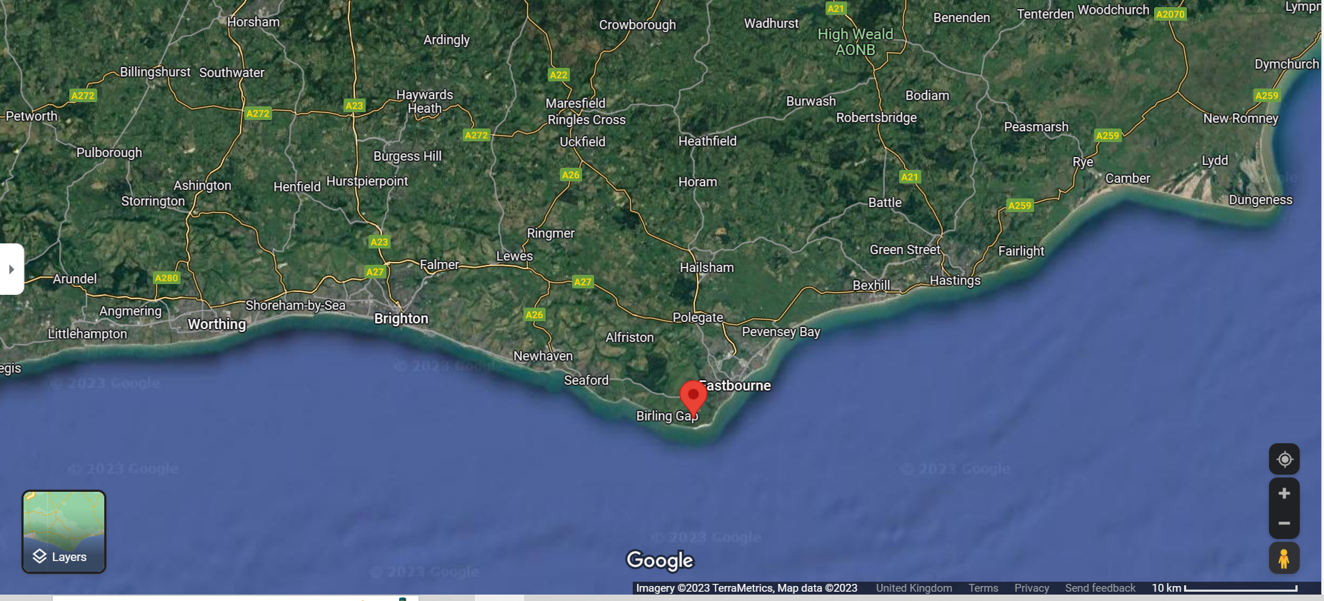 google map of beachy head, Sussex, south coast of england  
