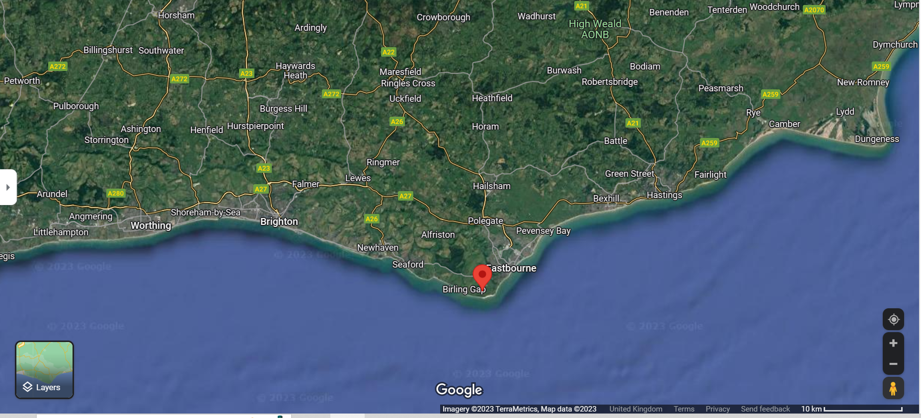 google map of beachy head, Sussex, south coast of england 