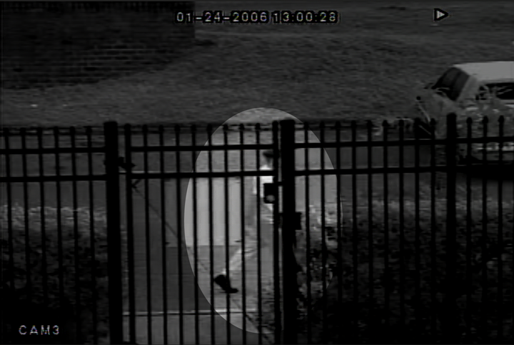 still image taken from video. Shows a person with short hair walking past gates